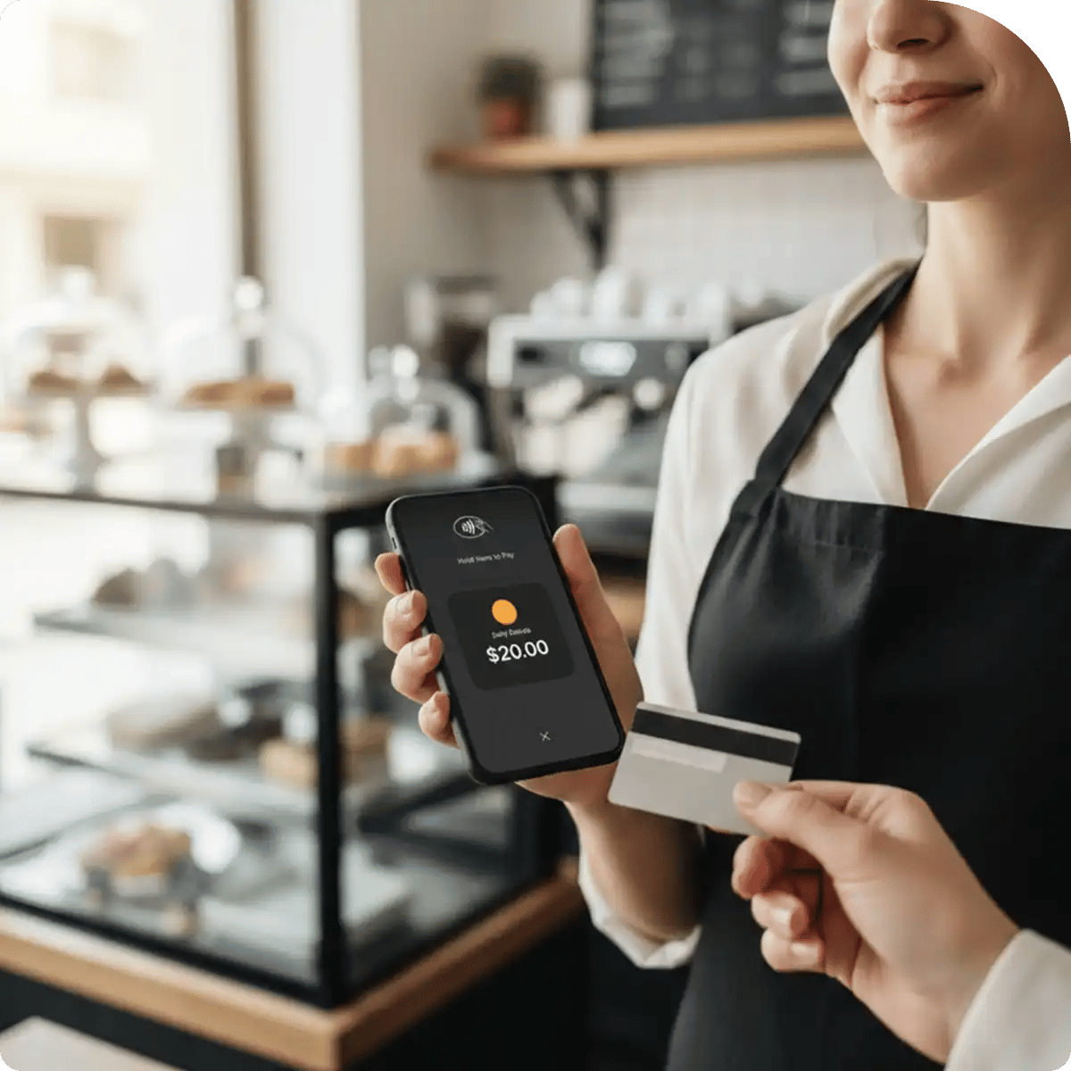 Tap to pay, a customer paying the barista with a card on a phone terminal.