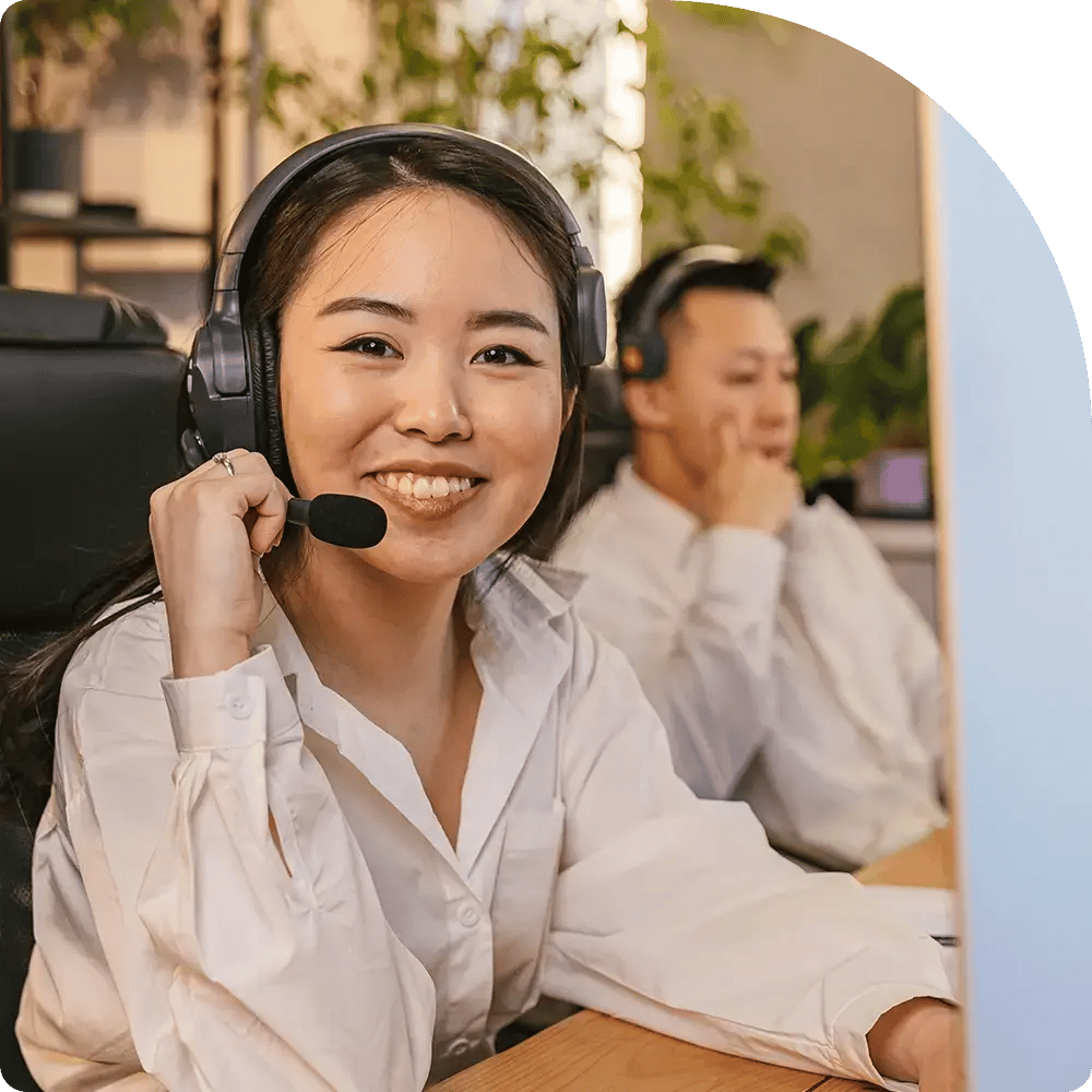 An office setting featuring a smiling woman with a headset, indicating subscription confirmation and billing details.