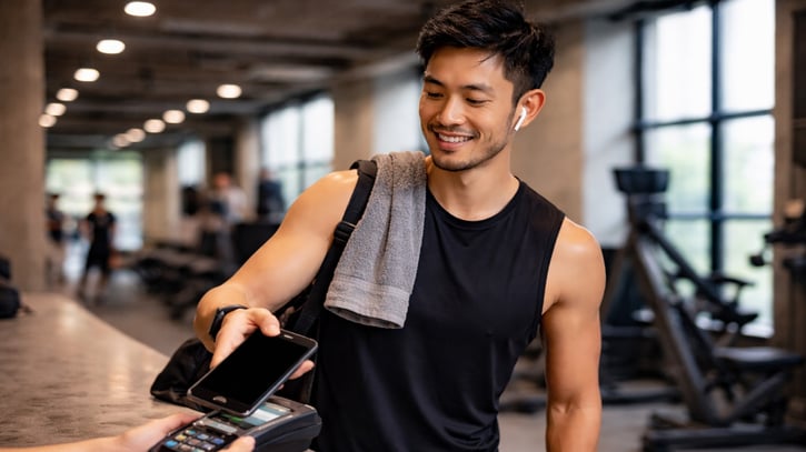 Smiling man at the gym wearing earbuds, holding a smartphone for contactless payment at the counter. He has a towel over his shoulder, exuding a relaxed, post-workout vibe.
