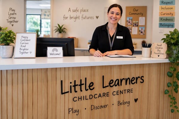 Director smiling behind the reception desk at Little Learners Childcare Centre