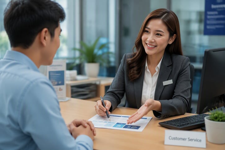 A customer service representative in a gray suit smiles while discussing a document with a client at a desk, conveying professionalism and warmth.