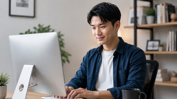 A man in a blue shirt sits at a desk, smiling while working on a computer. The background shows shelves with books and plants, conveying a calm, focused atmosphere.