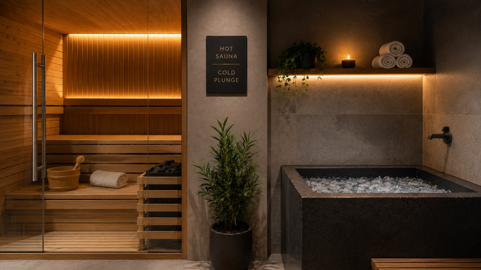 Warm, inviting sauna with wooden benches and a bucket, adjacent to a cold plunge pool filled with ice. Includes soothing candlelight and plants.