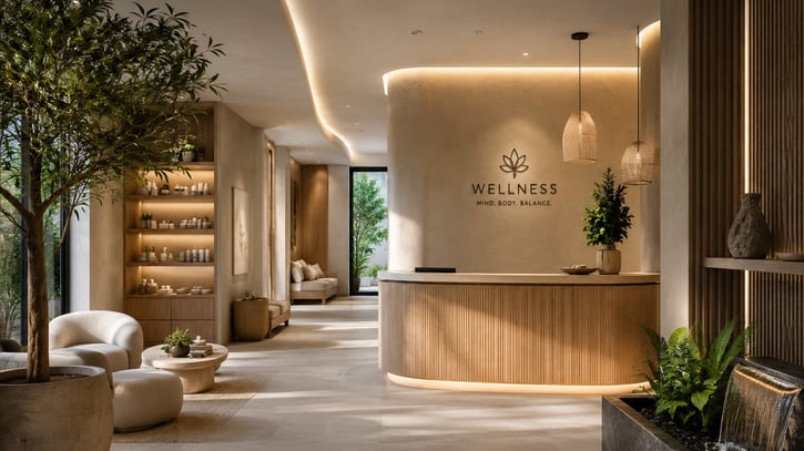 A serene wellness spa interior with a modern design. Features natural wood, soft lighting, a tree, plants, cozy seating, and "WELLNESS" on the wall.