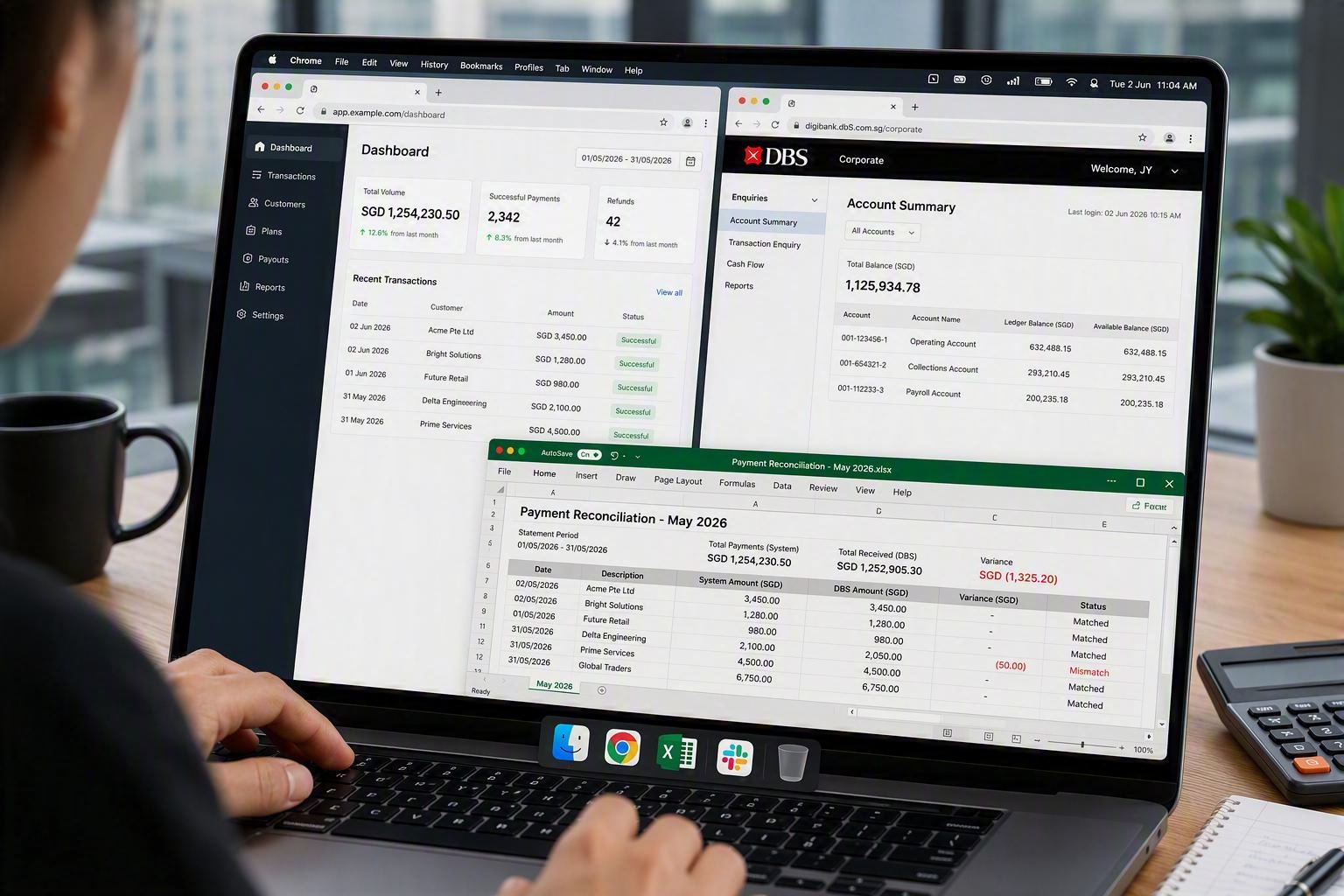 Finance professional reconciling payments across multiple systems on a laptop, comparing transaction dashboard, online banking portal and spreadsheet reconciliation report with highlighted discrepancies in SGD.