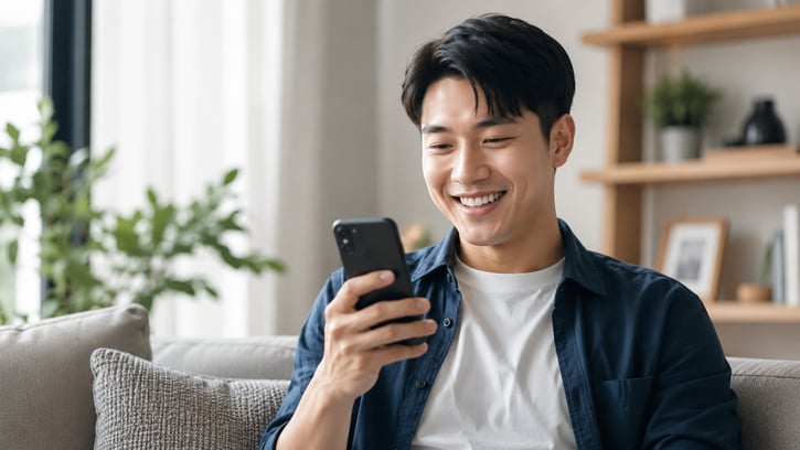 A man sits on a sofa, smiling as he looks at his smartphone. He wears a blue shirt and white t-shirt. The room is cozy with plants and wooden shelves.