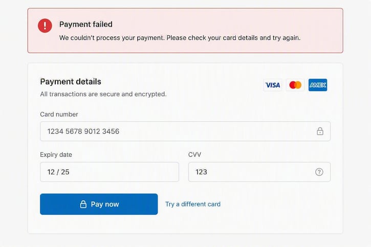 Screenshot of a failed payment screen