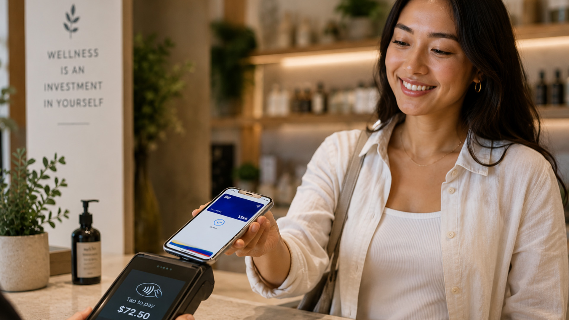 Smiling woman making a contactless payment with her phone at a store counter. A sign in the background reads, "Wellness is an investment in yourself."