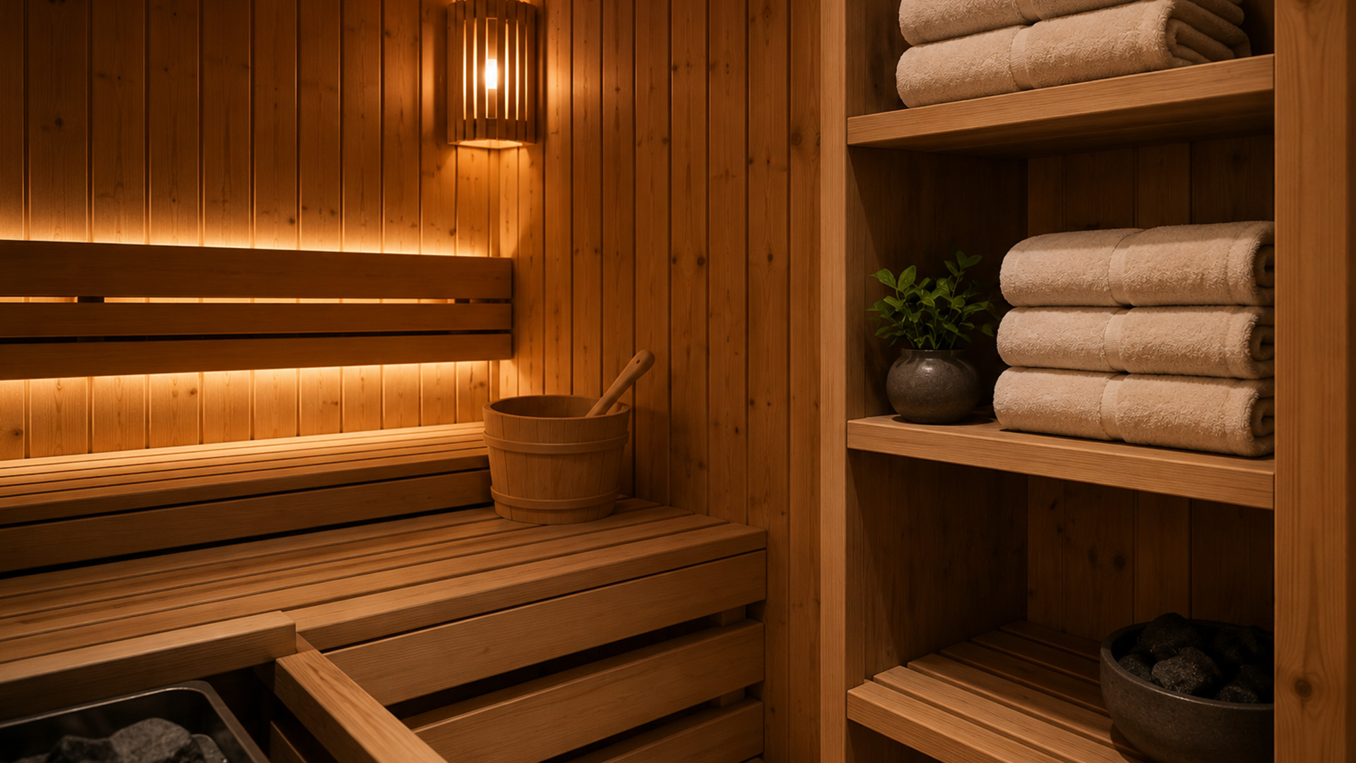 A warmly lit wooden sauna interior with a bench, bucket, and ladle. Nearby, shelves hold neatly folded towels and a small potted plant, creating a serene ambiance.