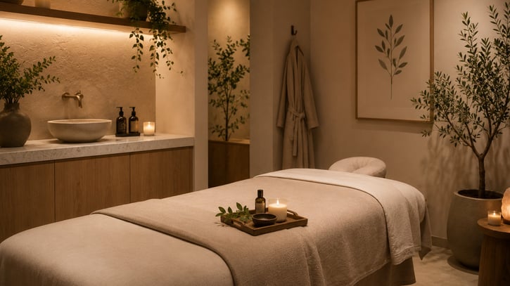 A serene spa room with a massage table draped in beige linens, surrounded by warm candlelight and lush greenery. The atmosphere is calm and inviting.