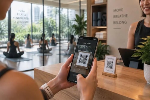 Customer using a smartphone to scan a QR code for payment at a yoga studio reception, with a glass-walled yoga class visible in the background.