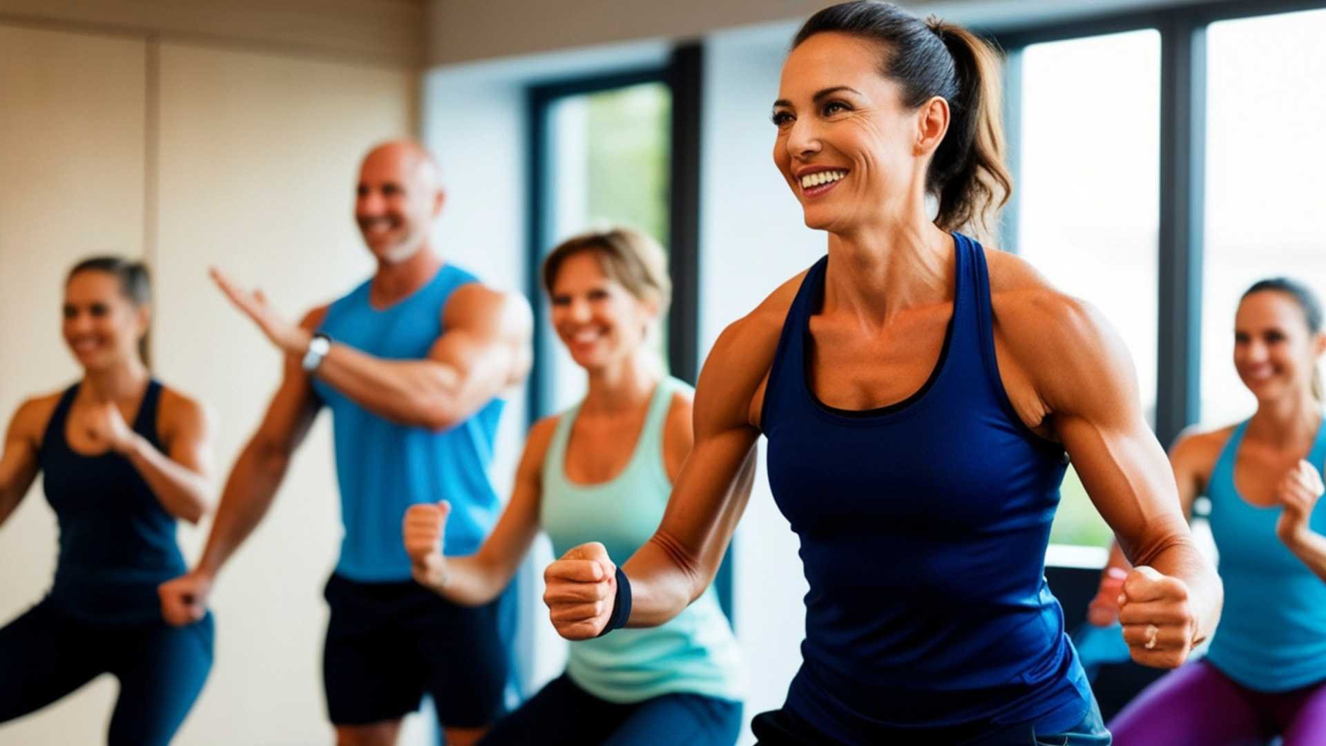 A group of adults wearing bright workout clothes working out together in a fitness studio. 