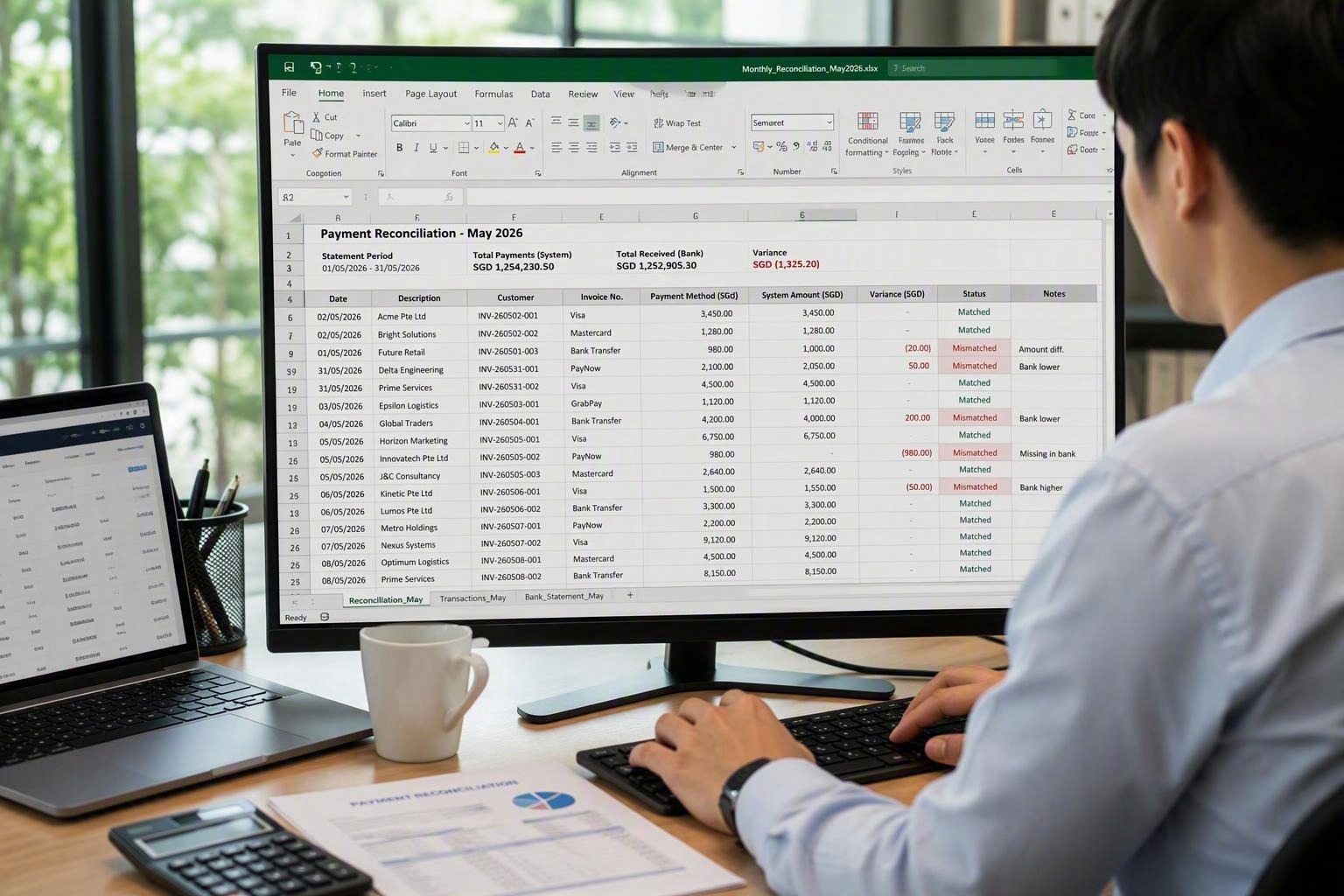 Person working at a desk with a large financial spreadsheet open on a widescreen monitor, reviewing payment reconciliation data, transaction records and highlighted account variances in a professional office environment.