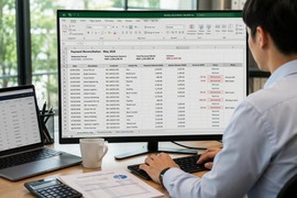 Person working at a desk with a large financial spreadsheet open on a widescreen monitor, reviewing payment reconciliation data, transaction records and highlighted account variances in a professional office environment.
