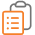 Clipboard icon with a list in black and orange on a dark background, conveying a sense of organization and functionality.