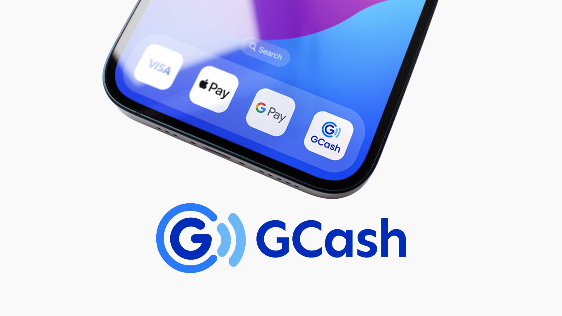 An image of a smartphone displaying the GCash digital wallet app for payments, with options for customer-initiated and merchant-initiated transactions.