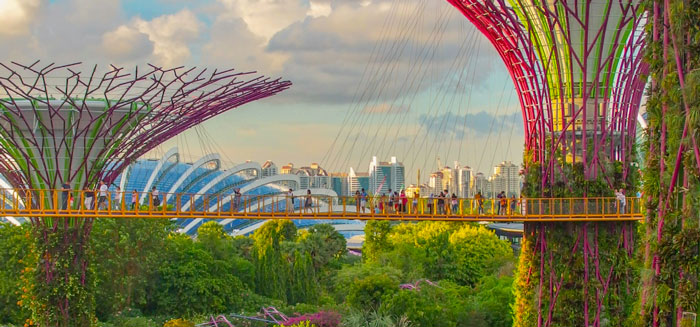 Gardens by the Bay Singapore - A lush garden with towering, colorful futuristic structures connected by a bridge. People walk across, with a city skyline in the background under a cloudy sky.